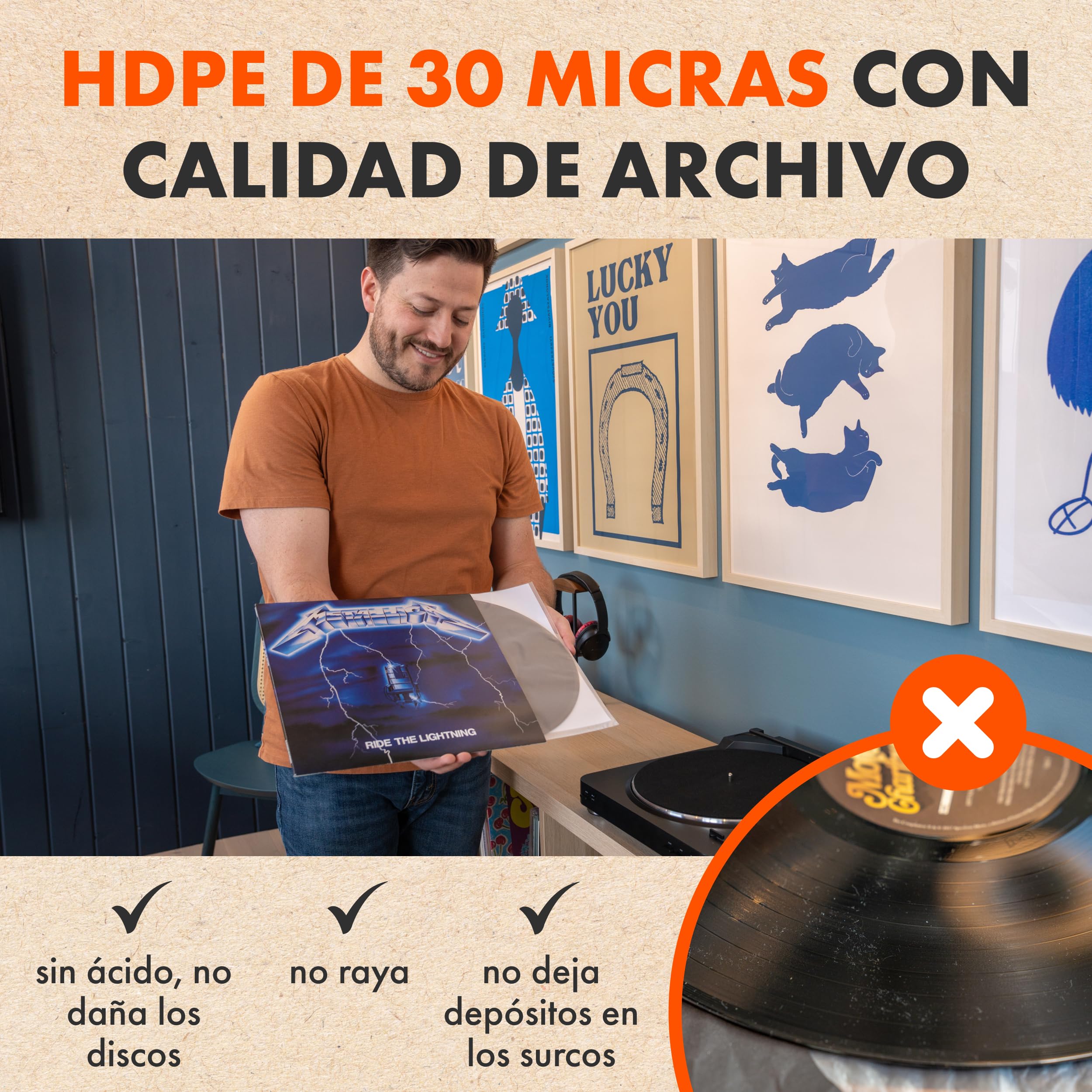 SPINCARE Fundas Interiores Vinilo LP 12" 33 RPM Antiestático Antirayaduras 100 Micras 100x