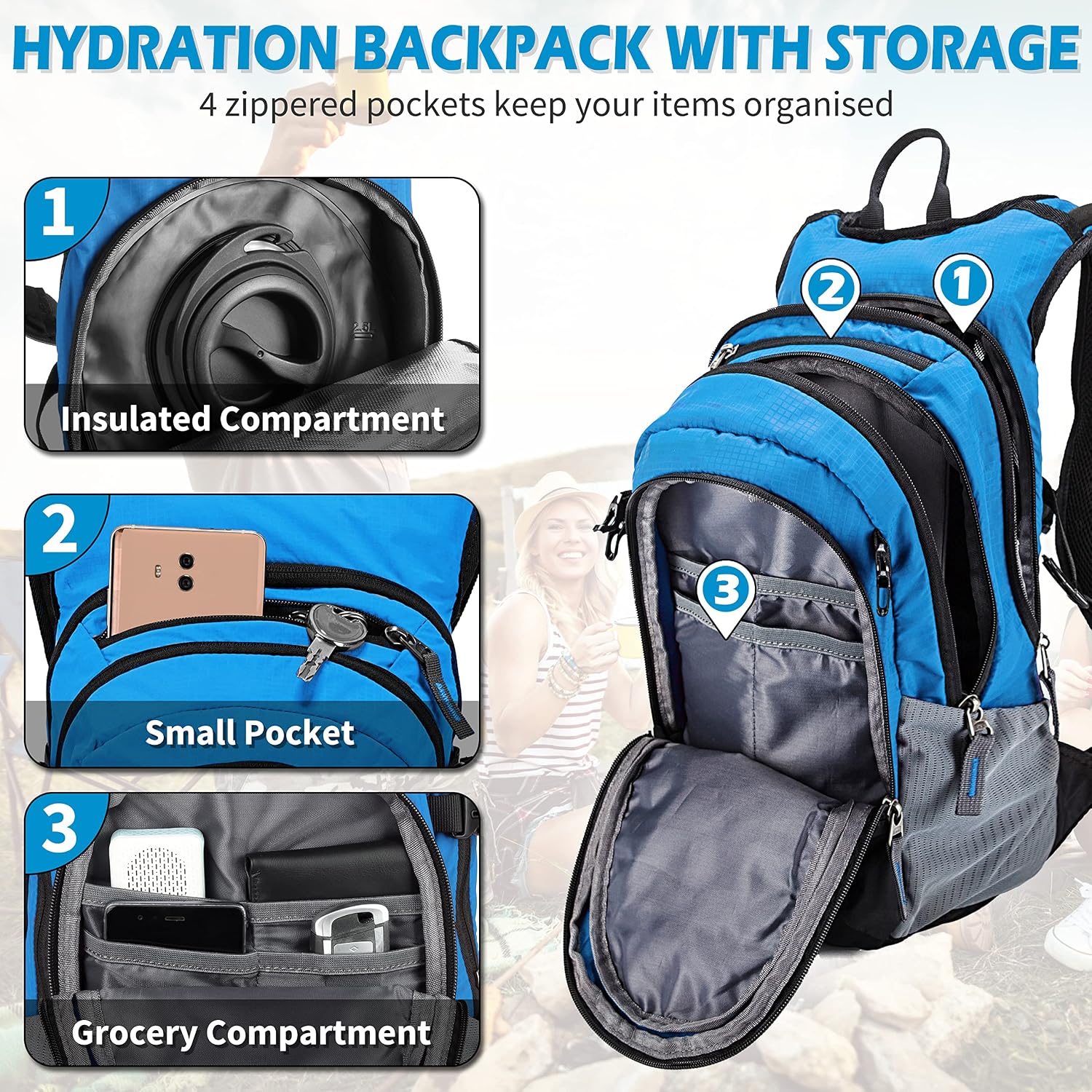 SharkMouth Hydration Backpack, Hiking Hydrated Pack with 2.5L Water Bladder, Multi Pocket Organizer, Lasts Long Day Mountaineering Trips, Travel and Journey
