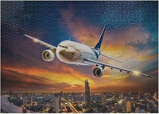 Ambesonne Travel Jigsaw Puzzle for Adults, Aerial View of Airport with Plane on The Air Night Scenery Over City Sunset Image, Heirloom-Quality Fun Activity Durable Cardboard, 1000 pcs, Orange Blue