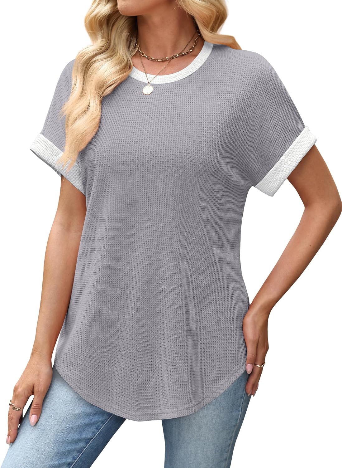 Sampeel Summer Tops for Women 2026 Trendy Rolled Short Sleeve Shirts Waffle Knit Crew Neck Tops Curved Hem Fashion Clothing - Image 4