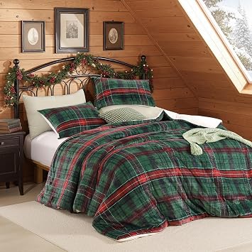 JANZAA Christmas Full Size Comforter Set Green Plaid Flannel Comforter 3Pcs