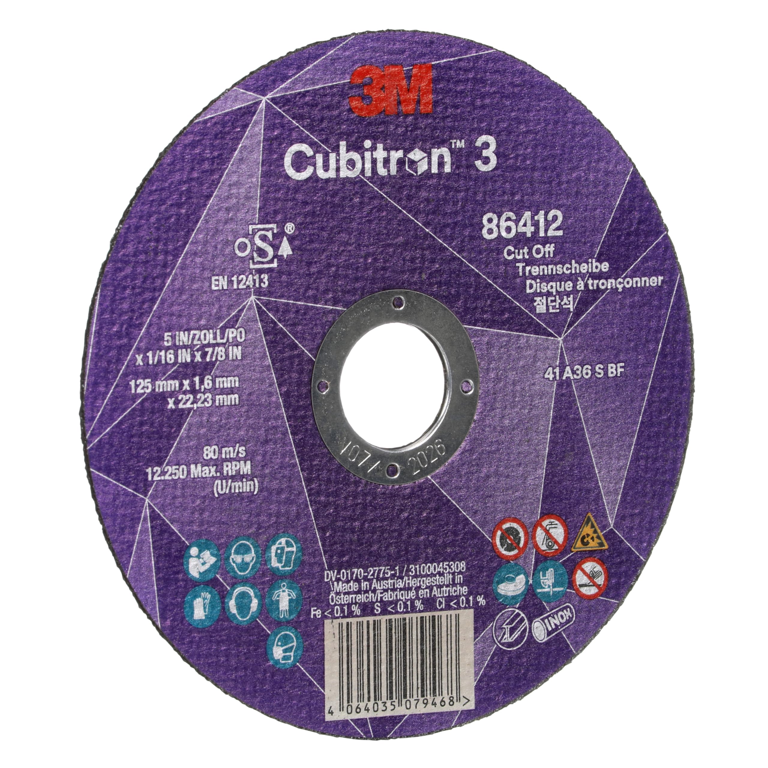 3M Cubitron 3 Disco de Corte, 86412, 36+, T41, 125 mm x 1.6 mm x 22.23 mm | EN, Paquete de 25 Unidades