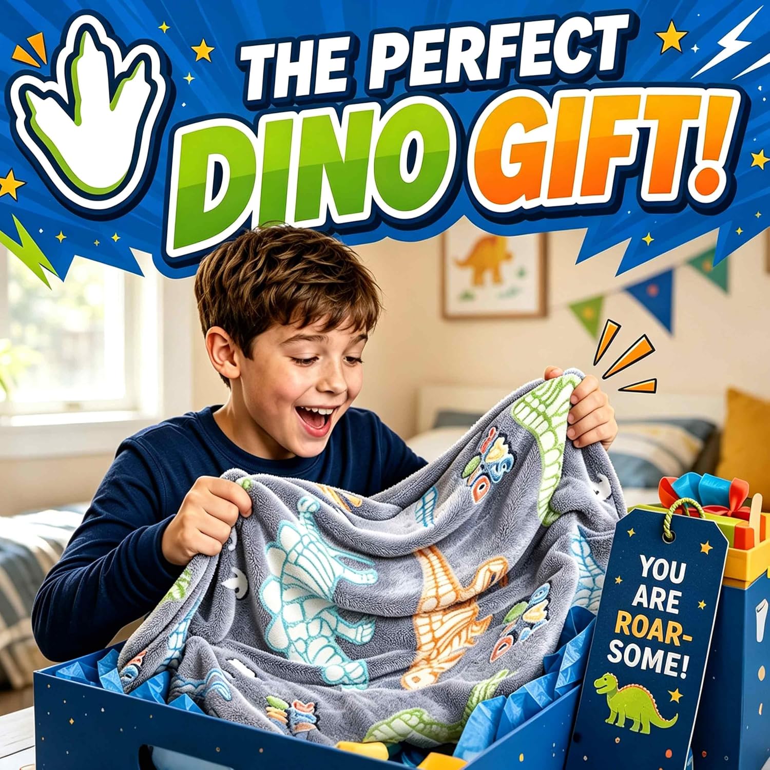 Dinosaur Glow in the Dark Blanket for Boys, Birthday Gifts 50"x60", Dino Throw Blankets for Kids & Teens Toddler Ages 3-16, Christmas for Sons, Blue Room Decor for Couch Travel