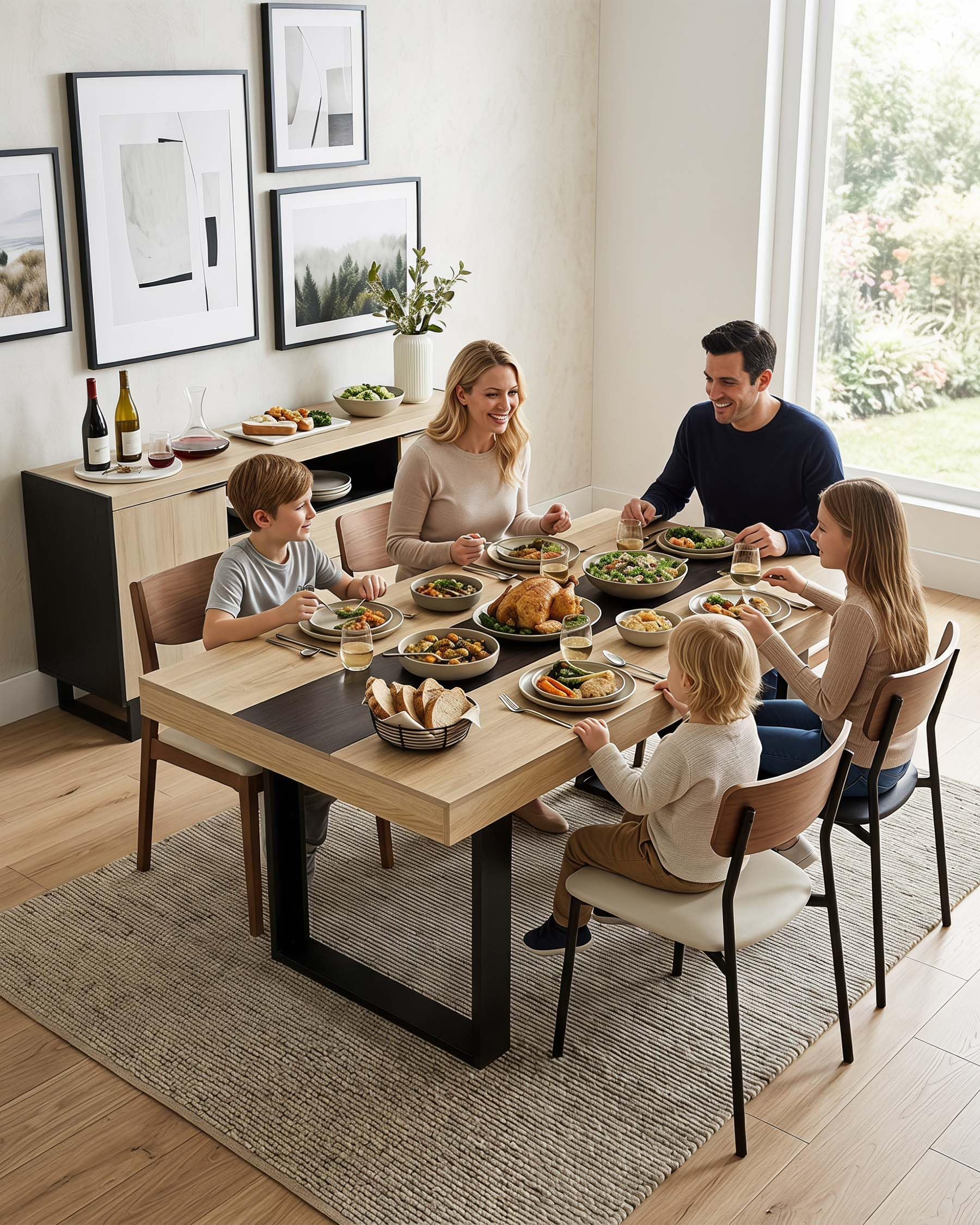 Mesa de Comedor Madera Haya Mesa Cocina 4 a 6 Personas 160×80×75cm | La franja central negra y el marco grueso crean un estilo industrial mientras dos bastidores de madera en U aportan apoyo