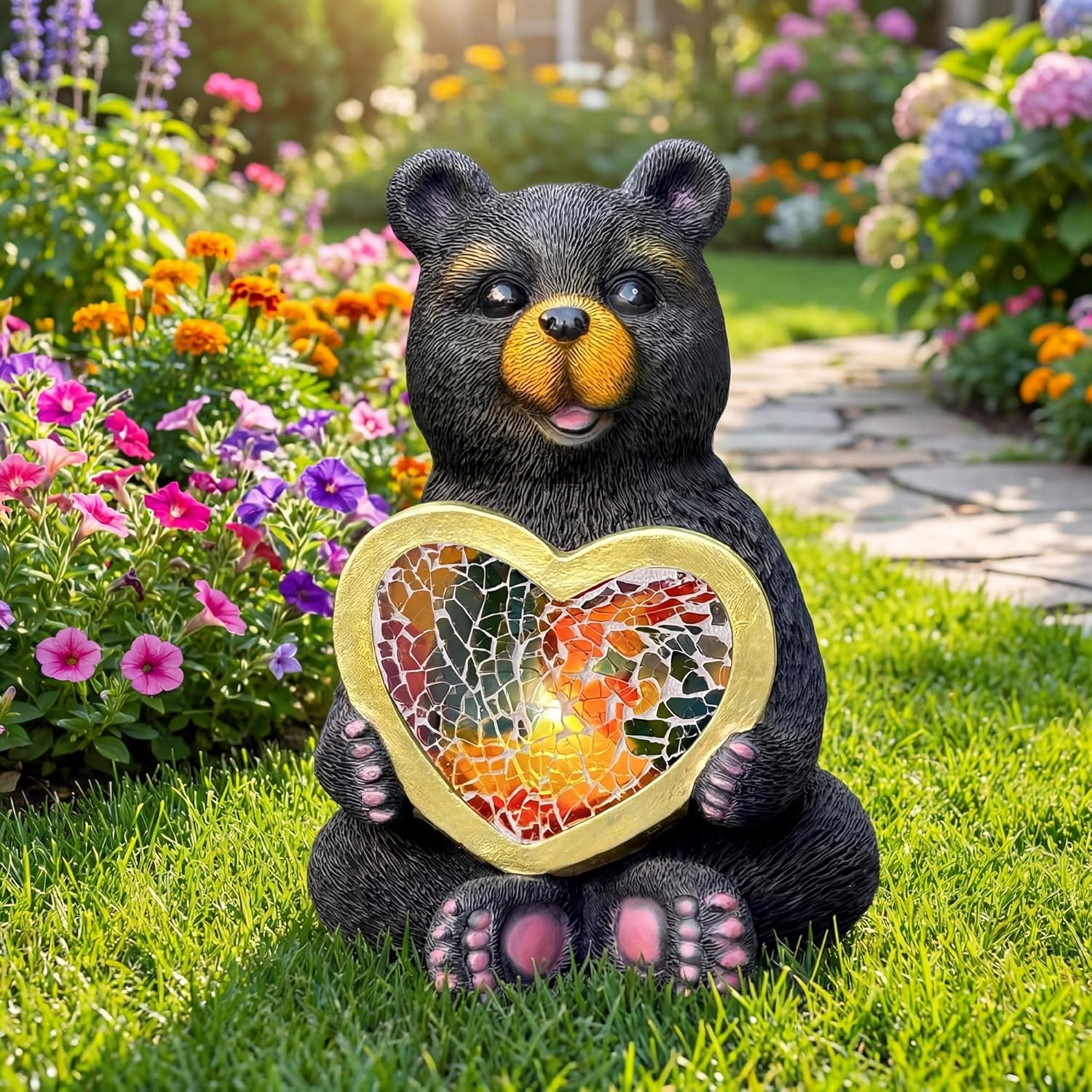 Solar Garden Sculpture: Unique Resin Black Bear Holding a Heart Outdoor Mosaic Solar Light Ideal for Gardens, patios, and courtyards Gift or Decorative piece-Black