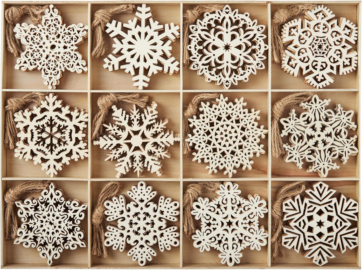 JOIEDOMI 36 Pcs Christmas Unfinished Wooden Ornaments Hanging Snowflakes Ornaments Blank Wood Slice for Indoor/Outdoor Xmas, Party Decoration, Tree Decor, Events