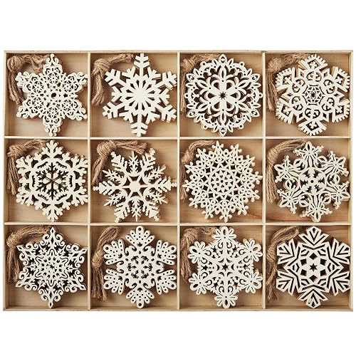 JOIEDOMI 36 Pcs Christmas Unfinished Wooden Ornaments Hanging Snowflakes Ornaments Blank Wood Slice for Indoor/Outdoor Xmas, Party Decoration, Tree Decor, Events