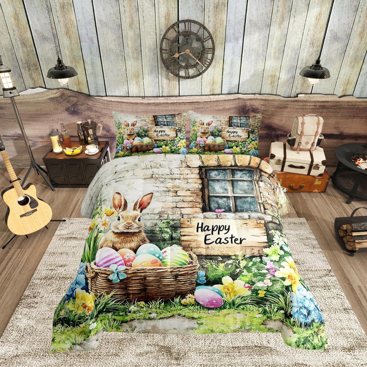 Manfei Easter Rabbit Comforter Set King Size 3 Pcs,Lovely Garden Animal Watercolor Flowers Eggs Bedding Set,Spring Pastoral Style Floral Garden Quilt Set for Adults Bedroom,2 Pillowcases