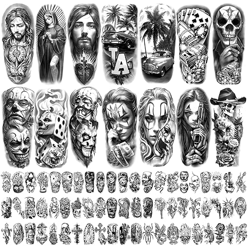 77 hojas de tatuajes temporales chicanos grandes, tatuajes falsos de gángster de Guadalupe Chicana, Día de los Muertos, estilo Lowrider Cultura