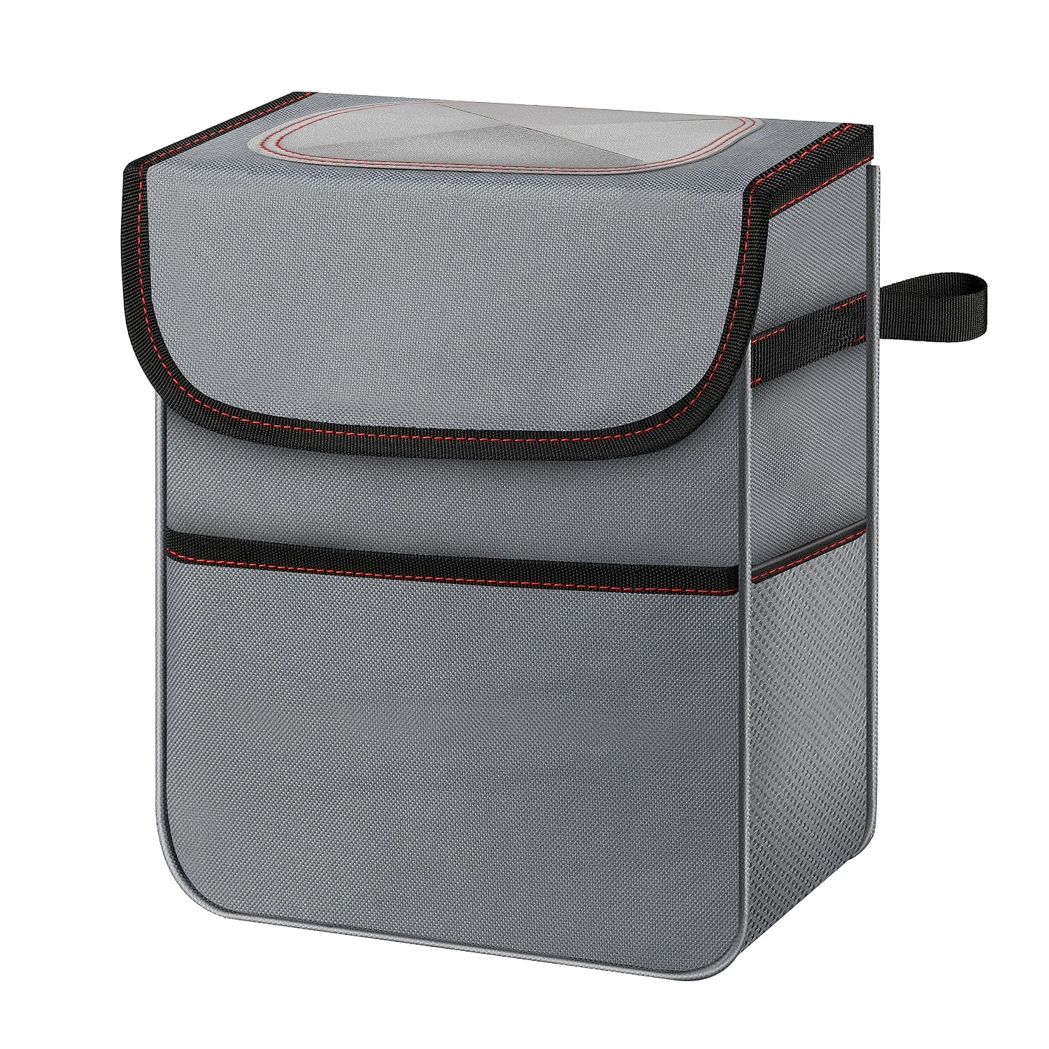 Simple Deluxe Car Trash Can with Lid and Storage Pockets, Multipurpose Garbage Bin with Adjustable Straps, Collapsible and Portable Organizer, 2 Gallon, Grey