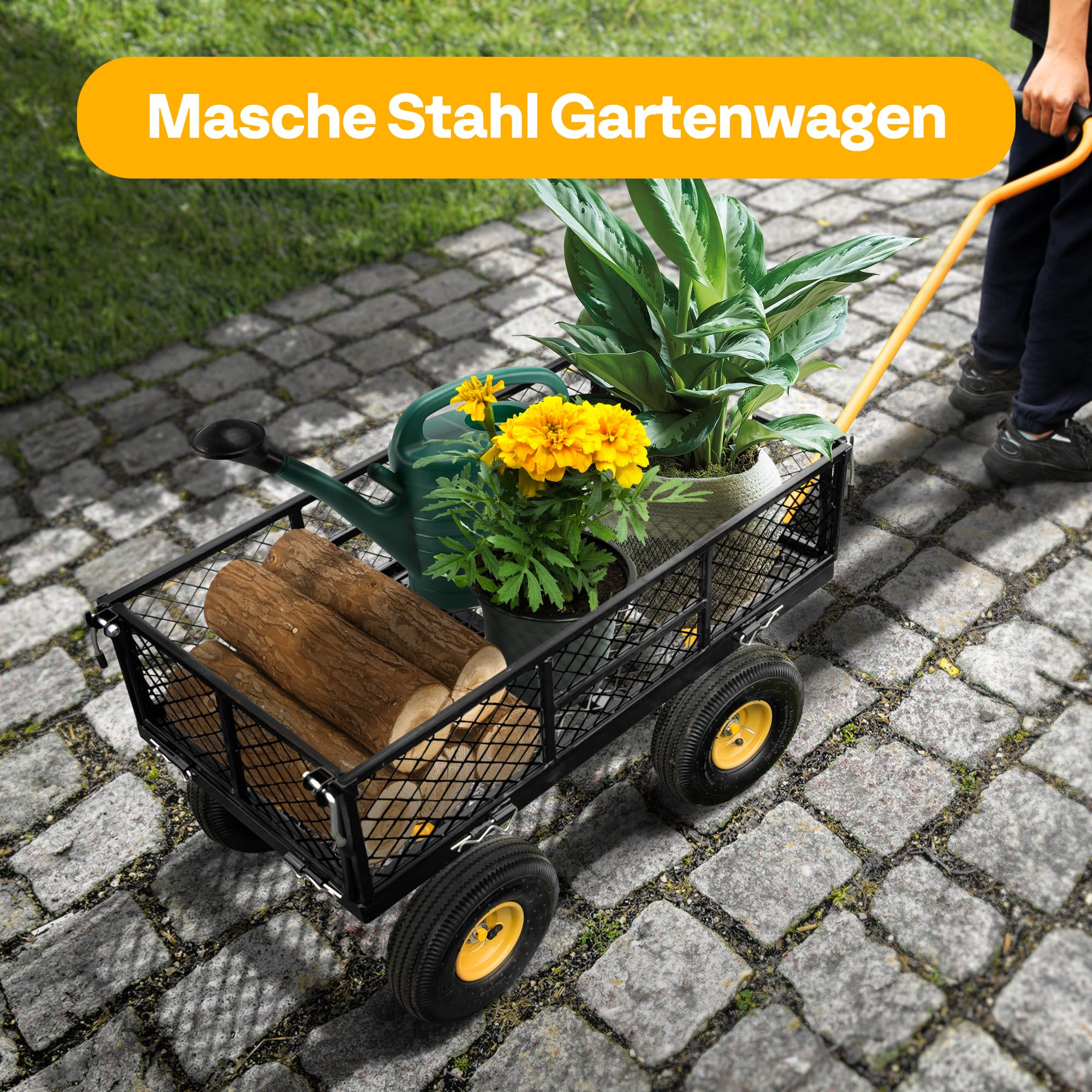 VIVOHOME Gartenwagen mit Abnehmbaren Seiten und Luftreifen, Belastbarer Transportwagen bis 400kg mit 180° Drehbarem Griff für Garten und Outdoor Einsätze