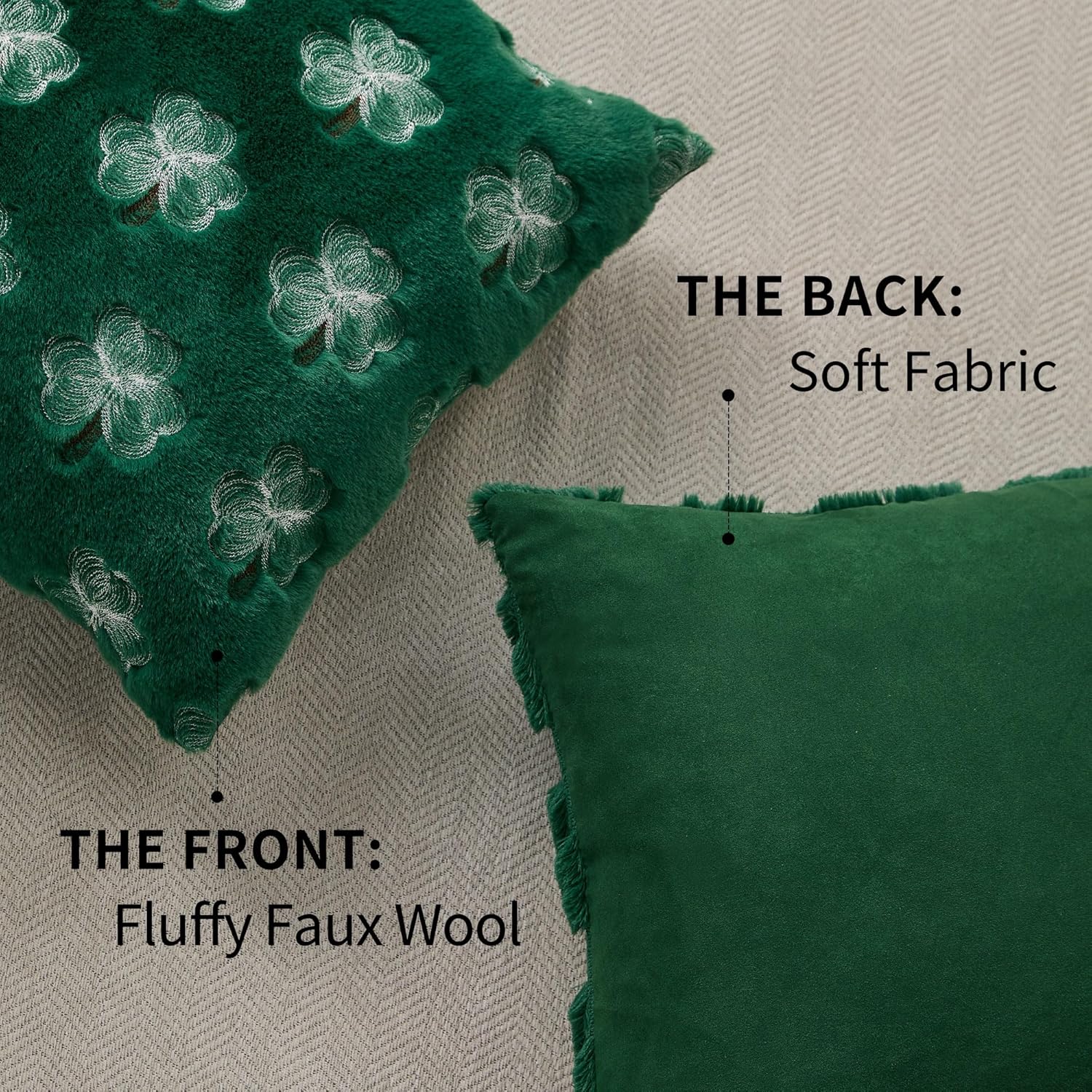 St Patricks Day Pillow Covers 18x18 Inch Set of 2 White Embroidery Shamrock Decorative Green Soft Plush Faux Wool Throw Pillows for Couch Sofa Bedroom Holiday Home Decor MRD02A45 - Image 5