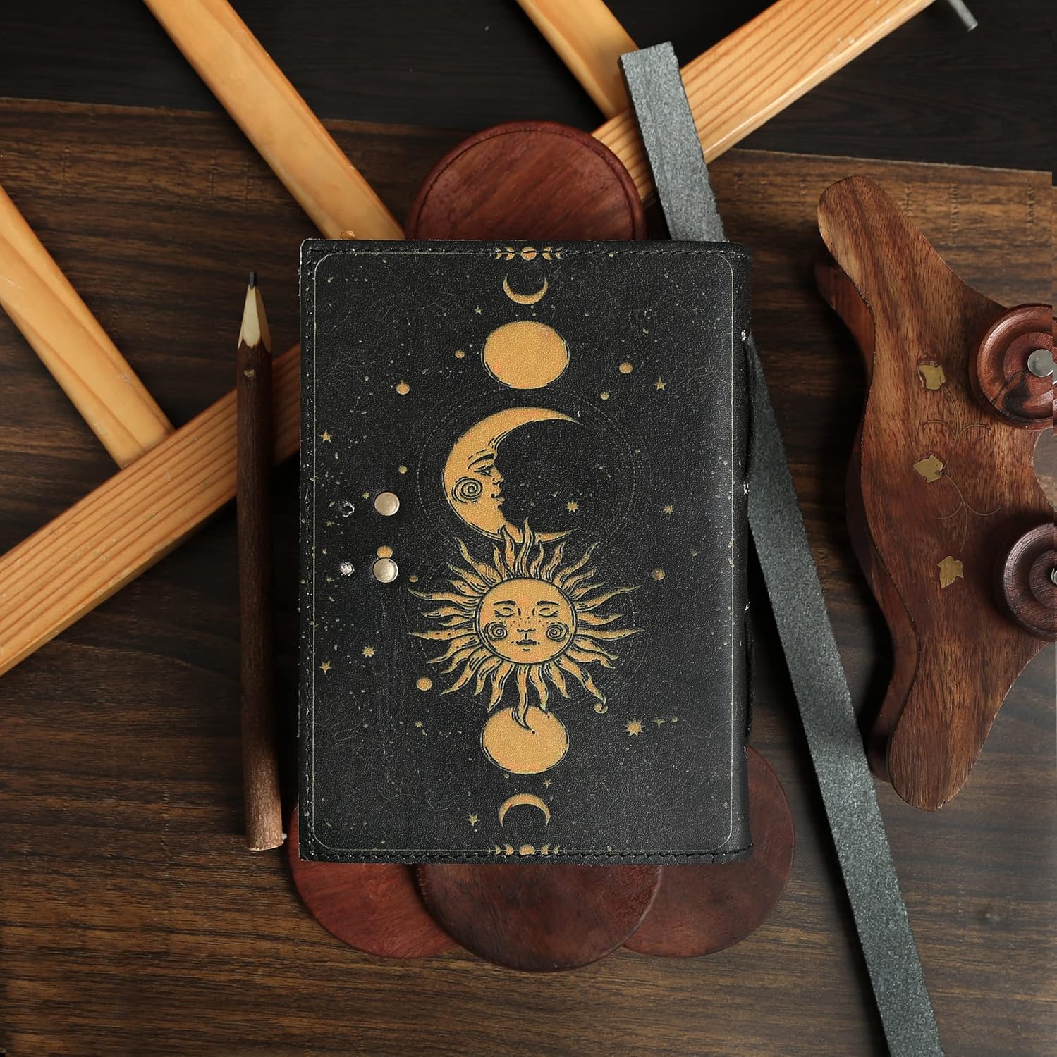 Sun & Moon Journal With leather Keychain, Notebook Diary With Lock, Best Gift Leather Keychain and Journal gift set      Leather Bound – Day to Day Calendar