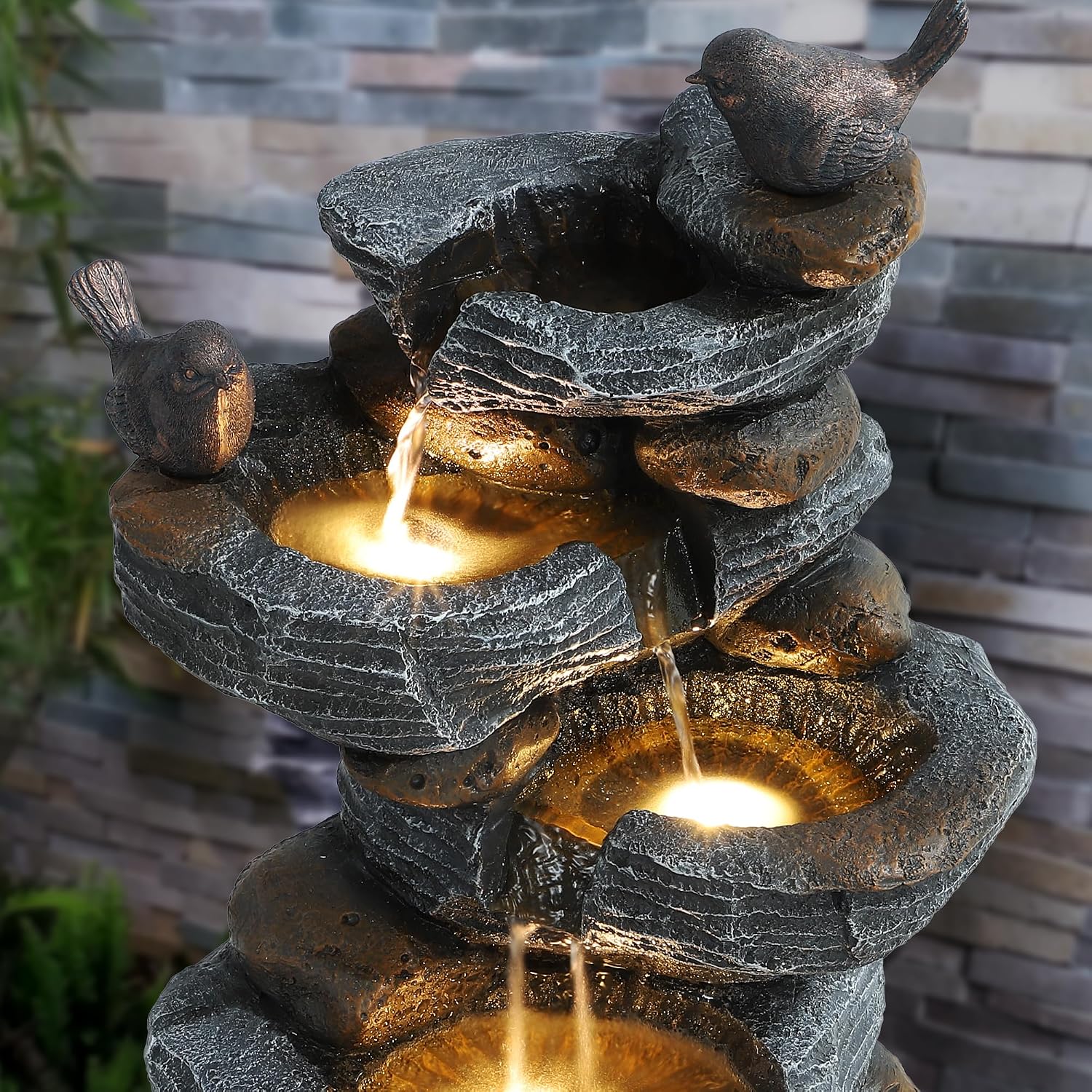 Bird Outdoor Water Fountain, 5 Tiered Waterfall Fountains with LED Lights, Garden Waterfalls Outside, Modern Cascading Rock Fountain for Garden, Yard, Patio, Home Decor