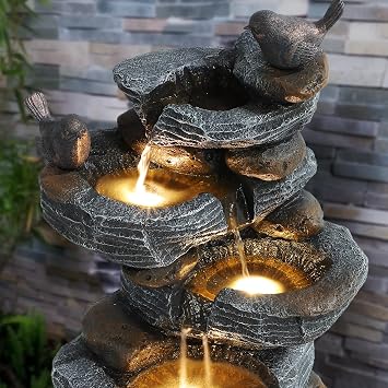 Bird Outdoor Water Fountain, 5 Tiered Waterfall Fountains with LED Lights, Garden Waterfalls Outside, Modern Cascading Rock Fountain for Garden, Yard, Patio, Home Decor