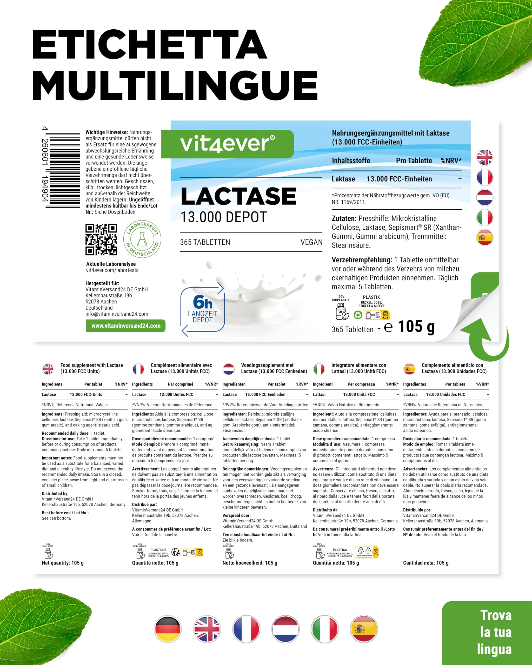 Laktase 13.000 Depot – 365 compresse con effetto depot (Sepismart® Slow Release) – dose elevata di 13.000 unità FCC – In caso di intolleranza al lattosio + intolleranza al latte – Senza additivi