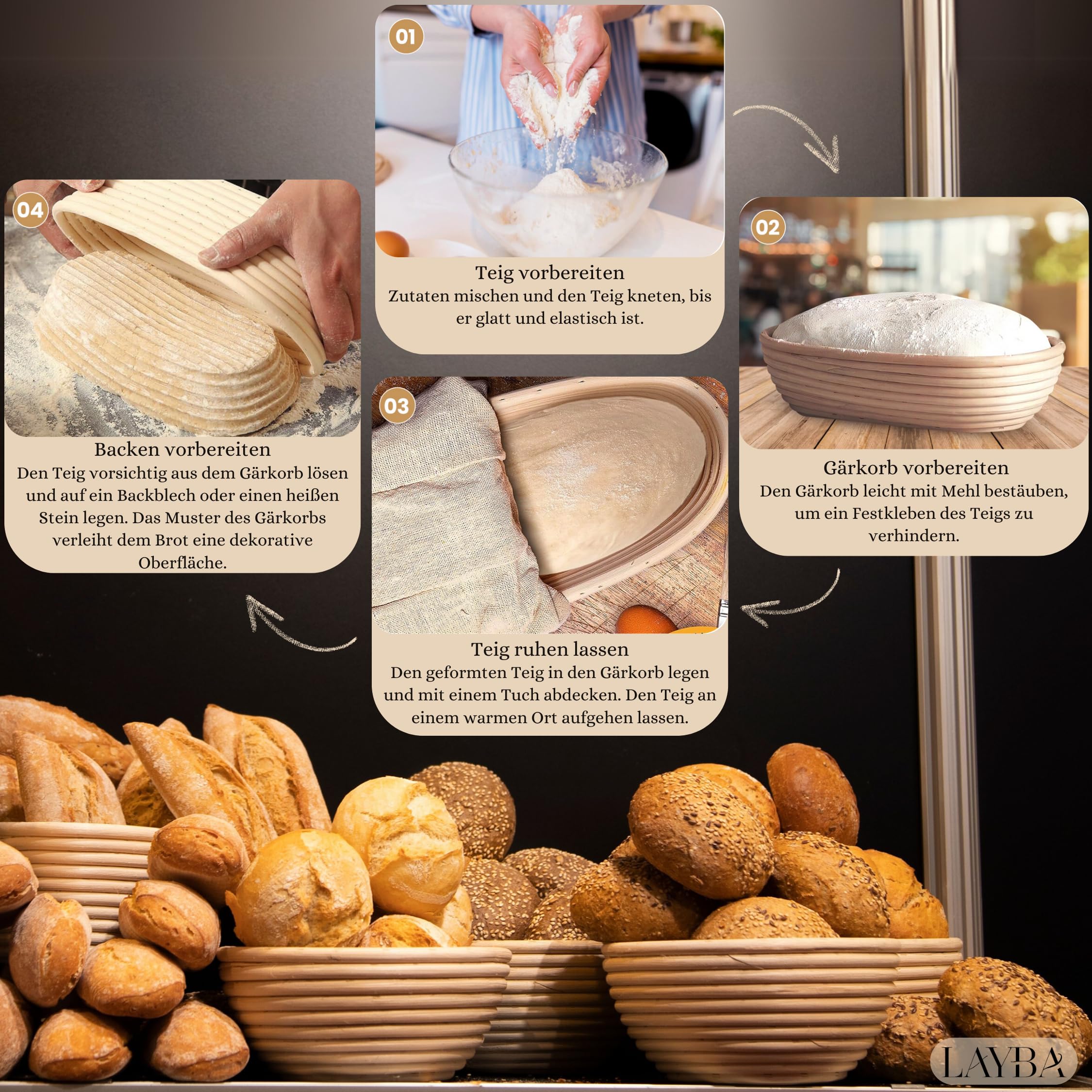 Cesta de fermentación ovalada (mediano, grande, juego) – Banneton de ratán de alta calidad para pan aireado, ideal para masa madre y masa de levadura, incluye inserto de lino, promueve la fermentación