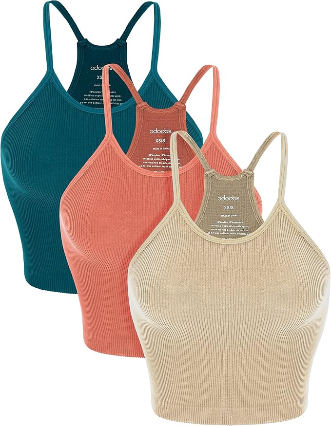 ODODOS Women's Crop 3Pack Washed Seamless RibKnit Camisole Crop Tank