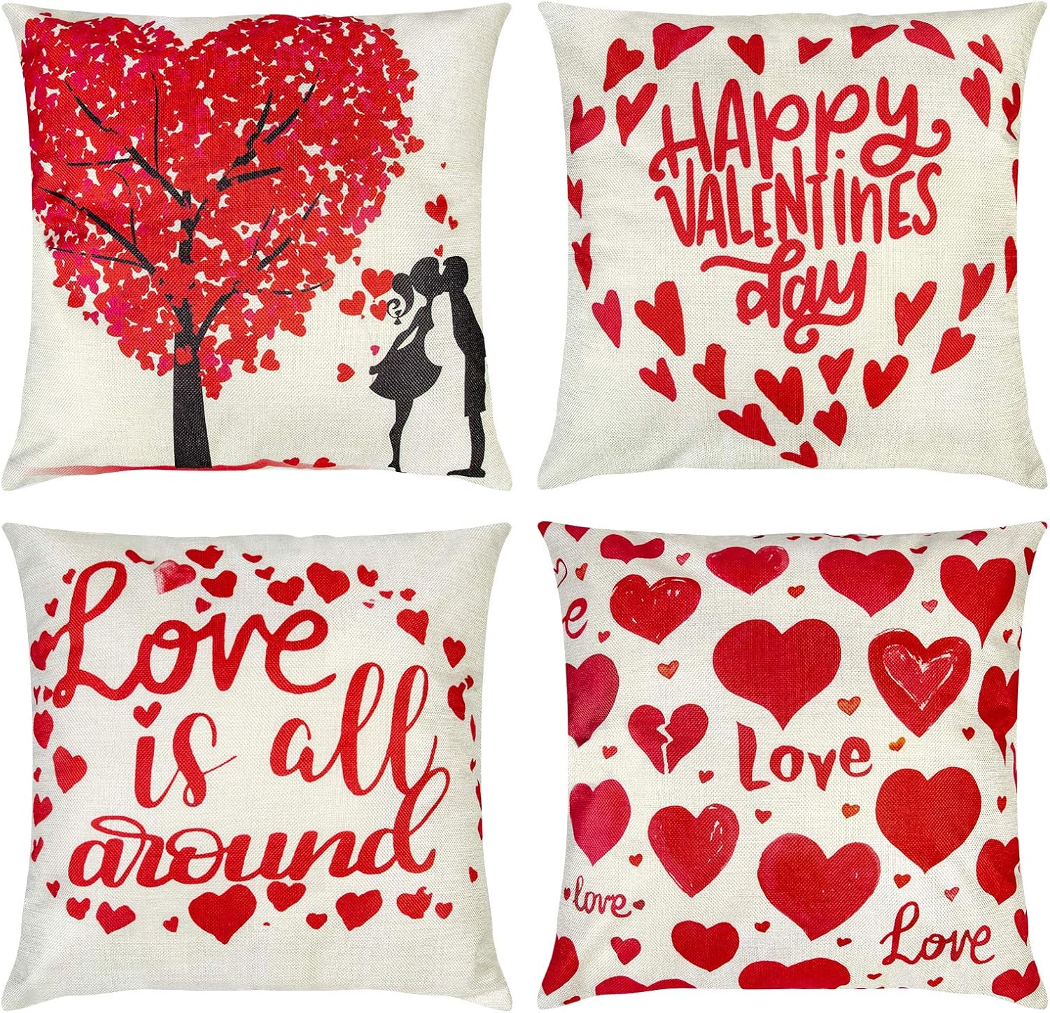 Roberly Valentines Day Decor, 4 Pcs Valentine Pillow Covers 18x18 Inches, Happy Valentines Day Pillow Covers Sweet Couple Kiss for Proposal, Couch, Bedroom, Sofa Home Decor and Valentine Decorations