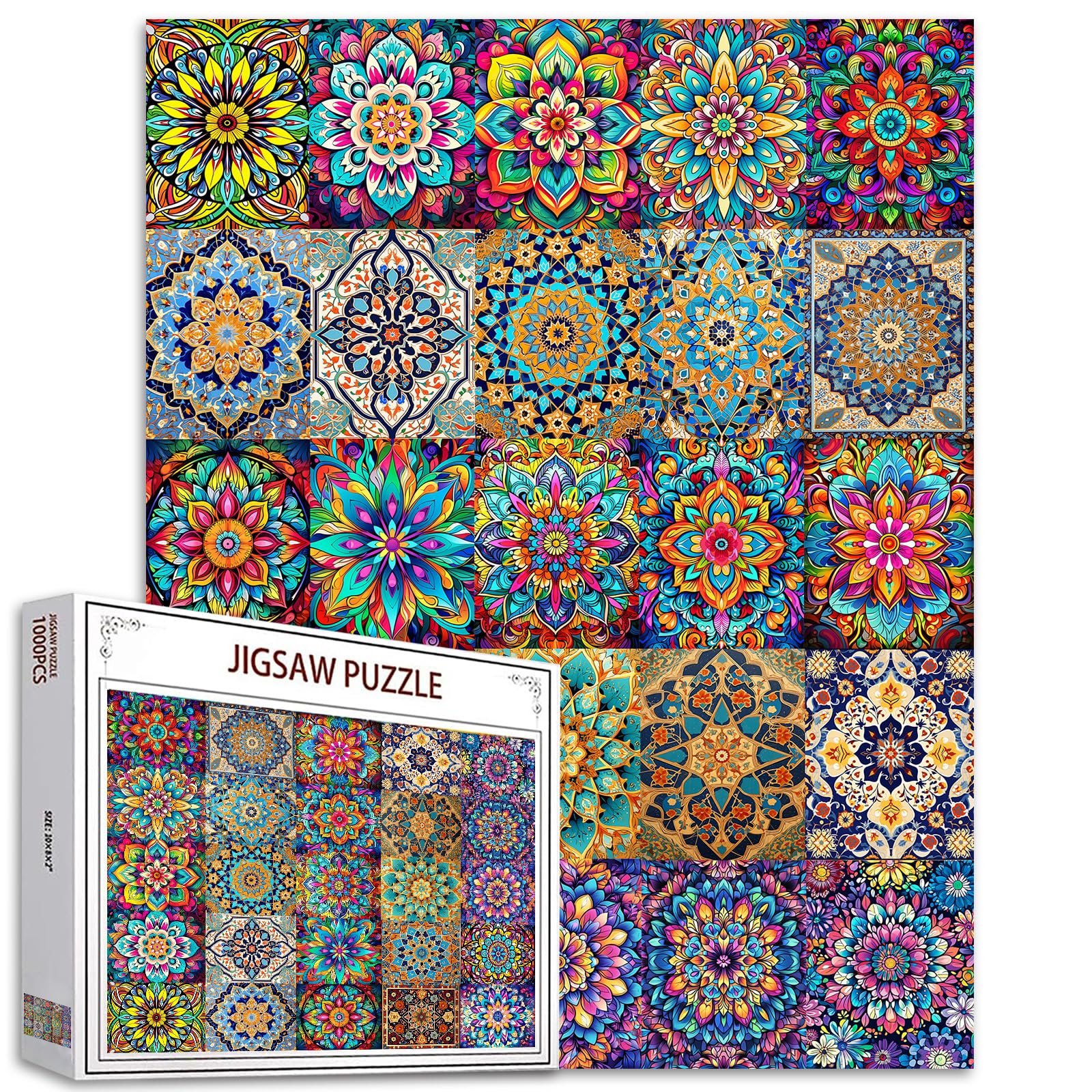 Mandala 1000 Piece Jigsaw Puzzles for Adults Kid Islam Totem Puzzle Game Colorful Persian Flowers Puzzles for Home Wall Decor DIY Art Perfect for Game Nights 27 x 20 Inches Retro Glass Pattern