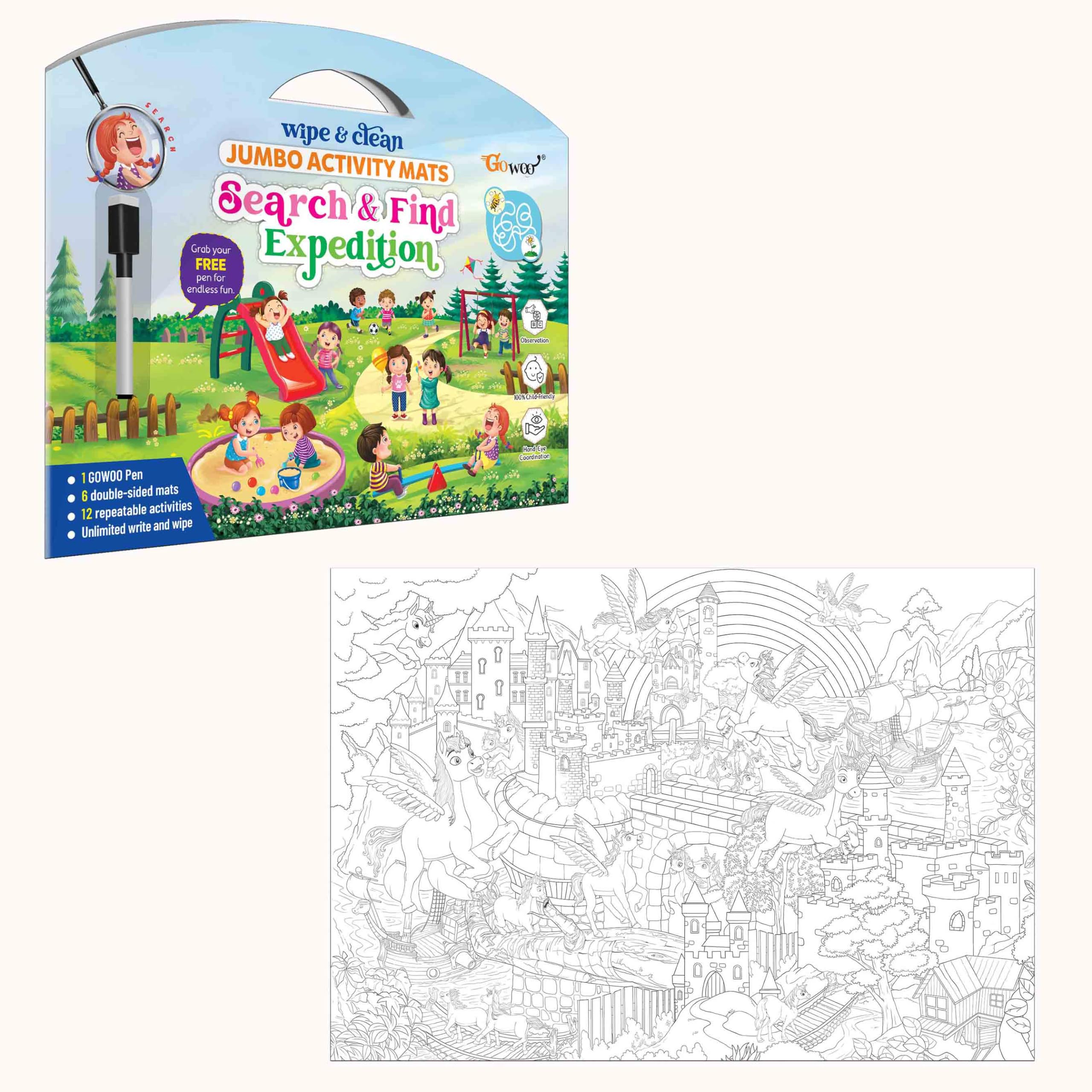 Search & FIND Expedition and Giant Unicorn Colouring Poster | Combo of 1 Activity mat with Pen and 1 Colouring Poster | Mystical Hunt and Color: Giant Unicorn Poster & Expedition Activity Mat