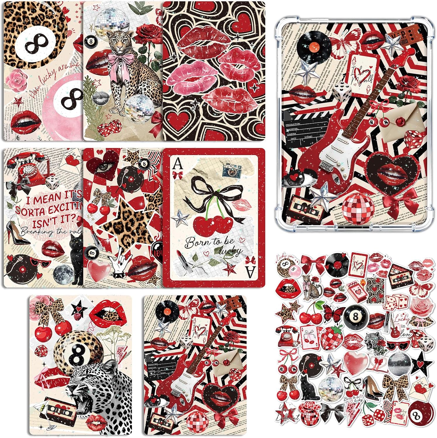 Rngmsi Insert Cardstock for Clear Case - 8Pcs Y2k Aesthetic Cardstock Inserts Compatible with Kindle Paperwhite 11th-12th, 50Pcs Leopard Print Bow Cherry Stickers for E-Reader Clear Back Cover