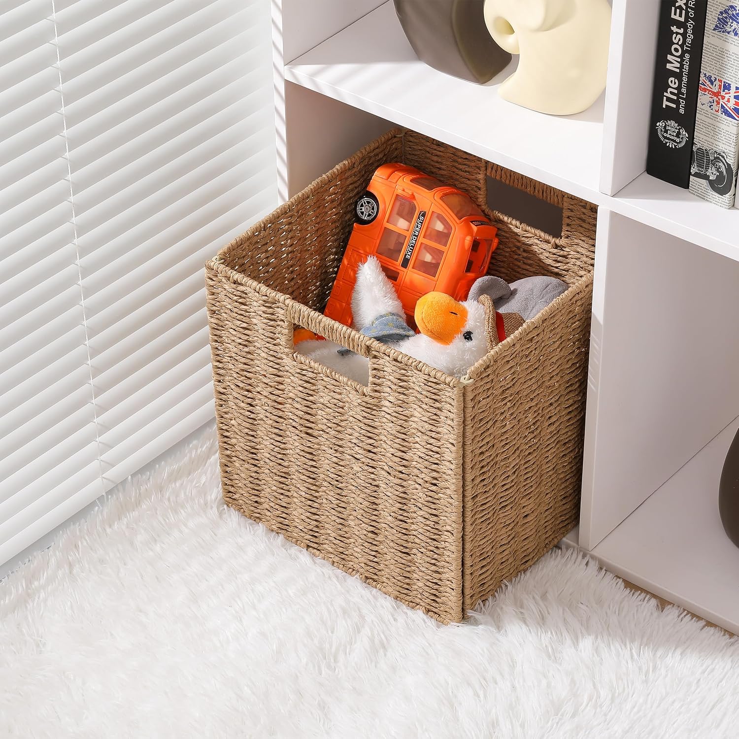 11 inch Cube Storage Bins, Wicker Storage Baskets for Organizing Foldable, 11x11x11inch Square Handwoven Cubby Organizer Bins, Large Collapsible Basket for Shelf Bedroom Living Room, 4 Pack