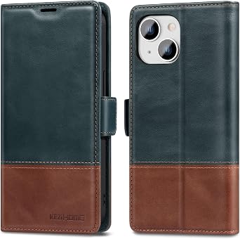 KEZiHOME Case for iPhone 15, Genuine Leather Wallet Case, [RFID Blocking] [TPU Inner Shell] Magnetic Closure Card Slot Shockproof Flip Phone Cover Compatible with iPhone 15 5G 2023 Navy Blue/Brown