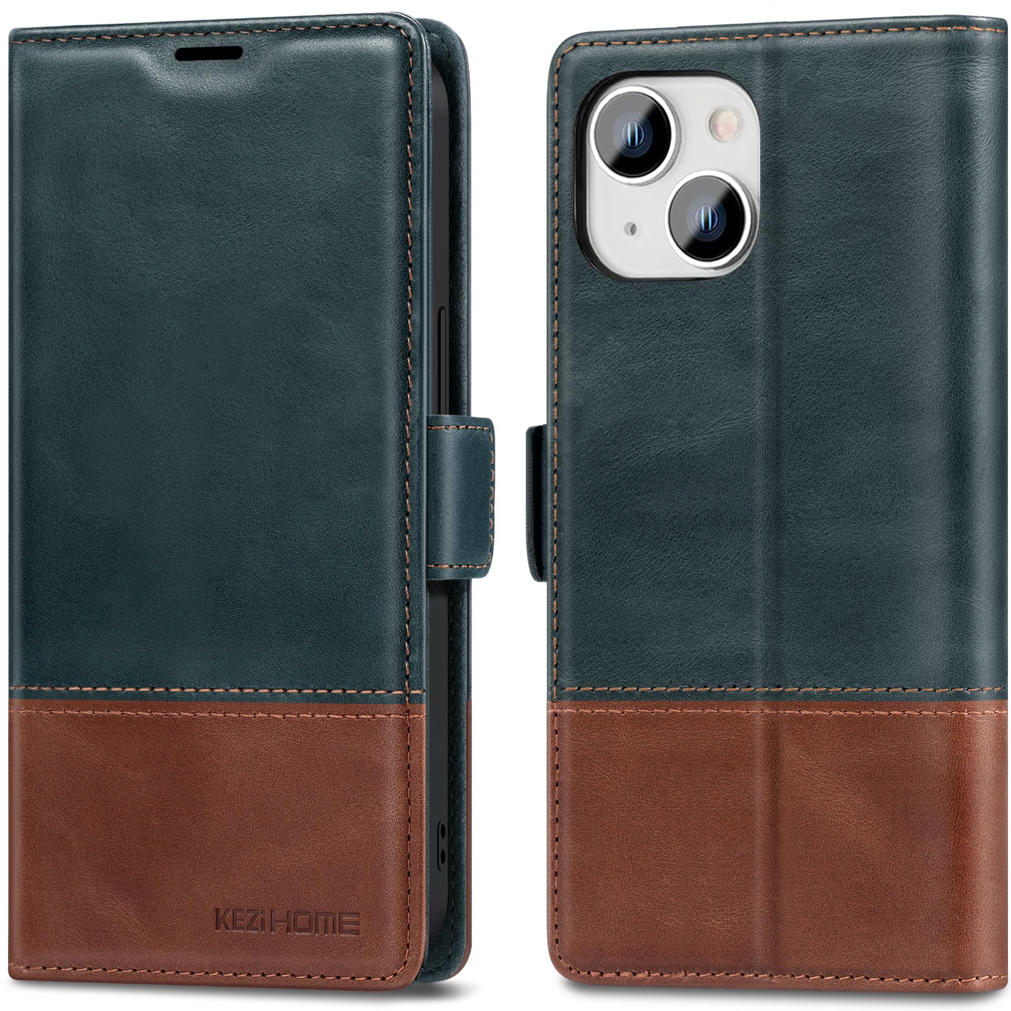 KEZiHOME Case for iPhone 15, Genuine Leather Wallet Case, [RFID Blocking] [TPU Inner Shell] Magnetic Closure Card Slot Shockproof Flip Phone Cover Compatible with iPhone 15 5G 2023' (Navy Blue/Brown)