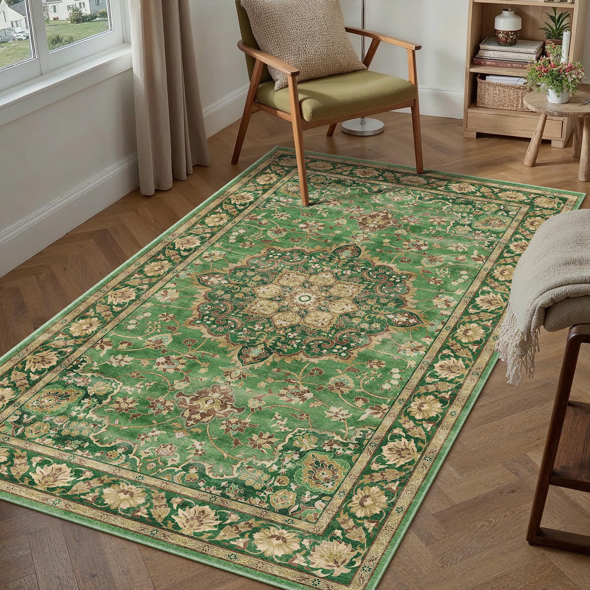PureCozy Living Room Rug, 80 x 150 cm, Washable Rugs, Green Gold — image 1