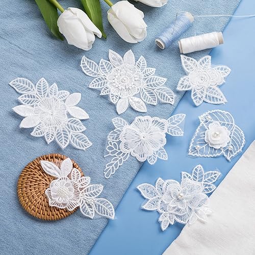 Miniatura 7 de PAGOW 14 piezas de bordado de encaje de flores en 3D, para coser en secuencia de flores, parches de encaje con diamantes de imitación, apliques de