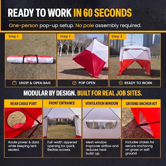 JAX3 Red Pop Up Work Tent | 6.2x6.2x7 Ft | High-Vis Tool-Free 60-Second Setup | Waterproof UV50& Flame Retardant (CPAI-84, V0) | Construction, Welding, HVAC, Mechanic & Rescue Heavy-Duty Shelter