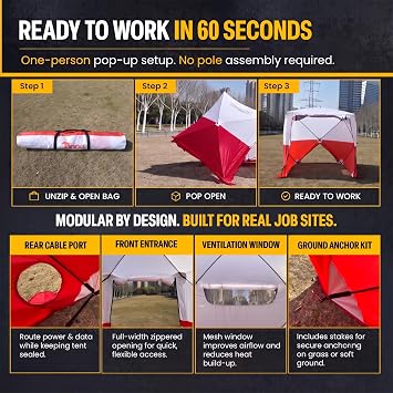 JAX3 Red Pop Up Work Tent | 6.2x6.2x7 Ft | High-Vis Tool-Free 60-Second Setup | Waterproof UV50& Flame Retardant (CPAI-84, V0) | Construction, Welding, HVAC, Mechanic & Rescue Heavy-Duty Shelter
