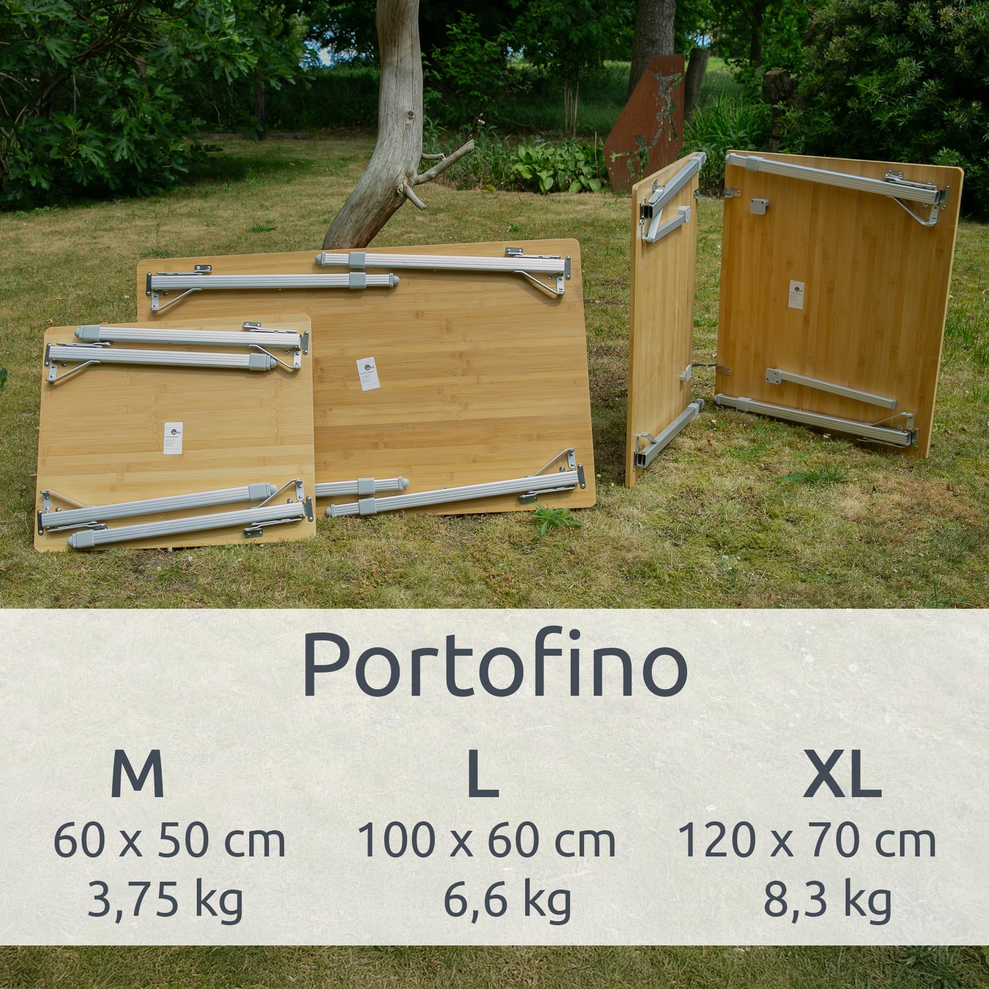 your GEAR Portofino Bambus Campingtisch XL 120x70 cm – Höhenverstellbarer Outdoor Klapptisch – Teleskopbeine Alutisch – Gartentisch Balkontisch