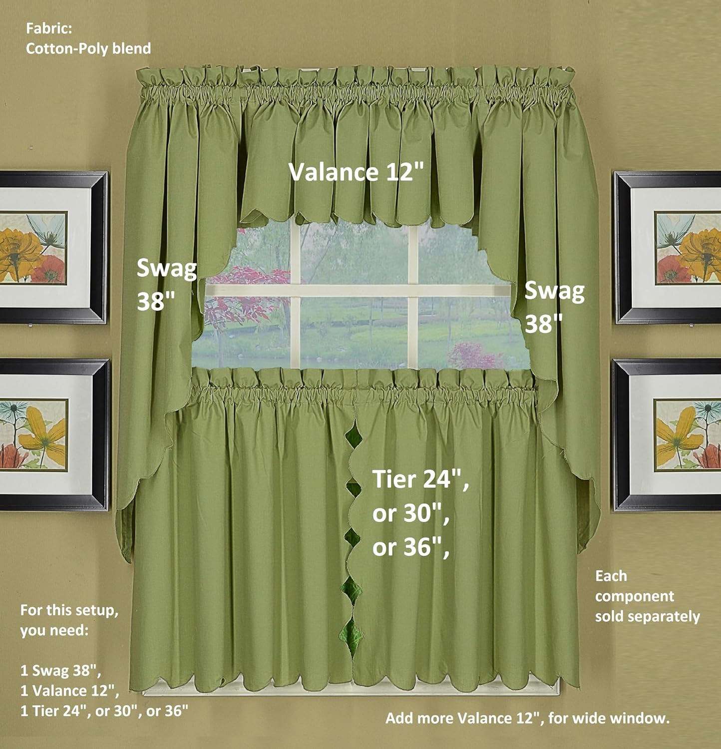Today's Curtain, Orleans Scallop Curtain, Sage 38" Swag Pair, 60" W x 38" L, Sage