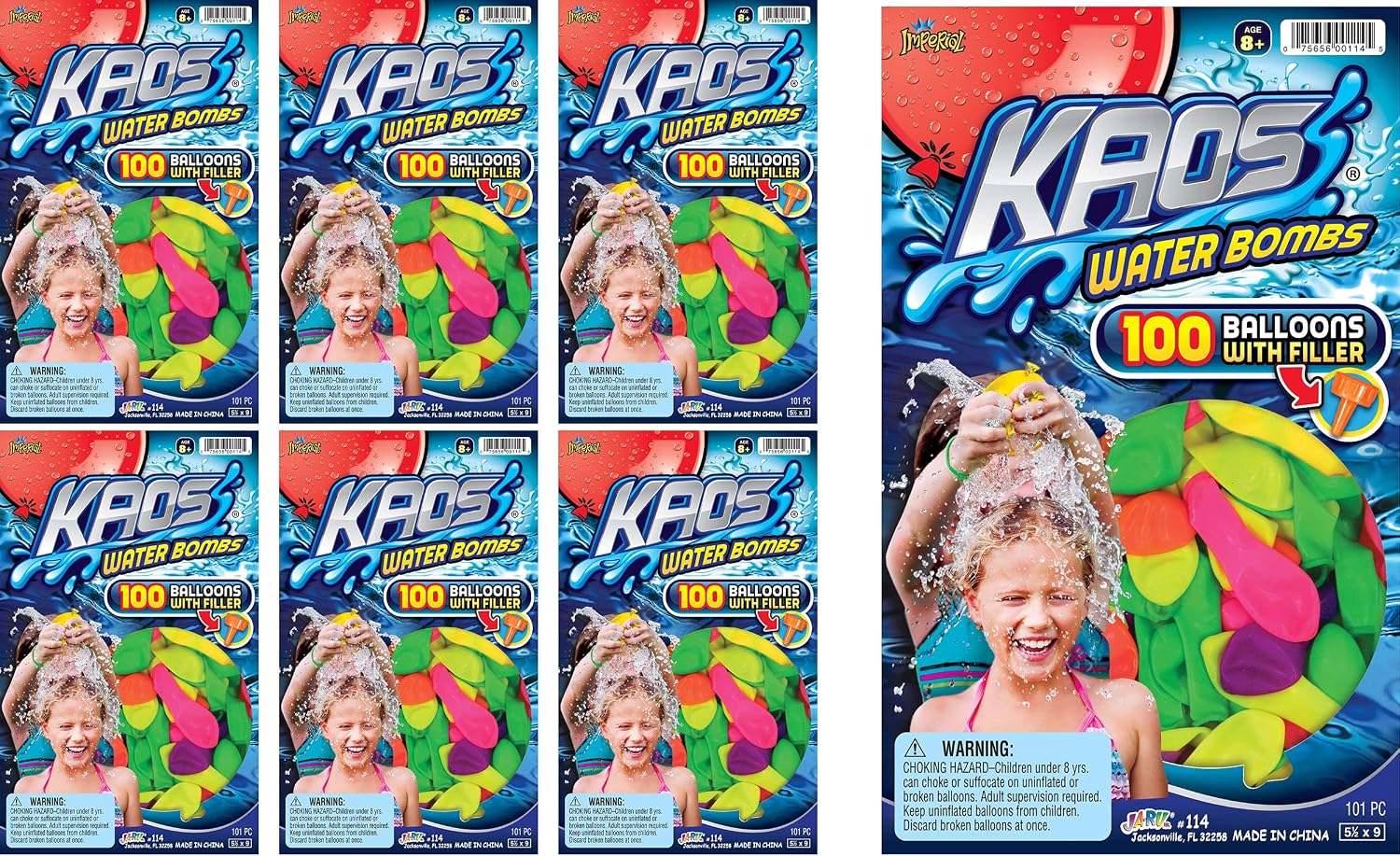 KAOS Water Balloon 100 pcs per Pack w/Hose Nozzle (6 Pack) Assorted Colored Balloons for Kids & Adult. Quick & Easy Fill Latex Water Bomb. Fun Outdoor Splash Summer Games. Bulk Party Favors. 114-6s