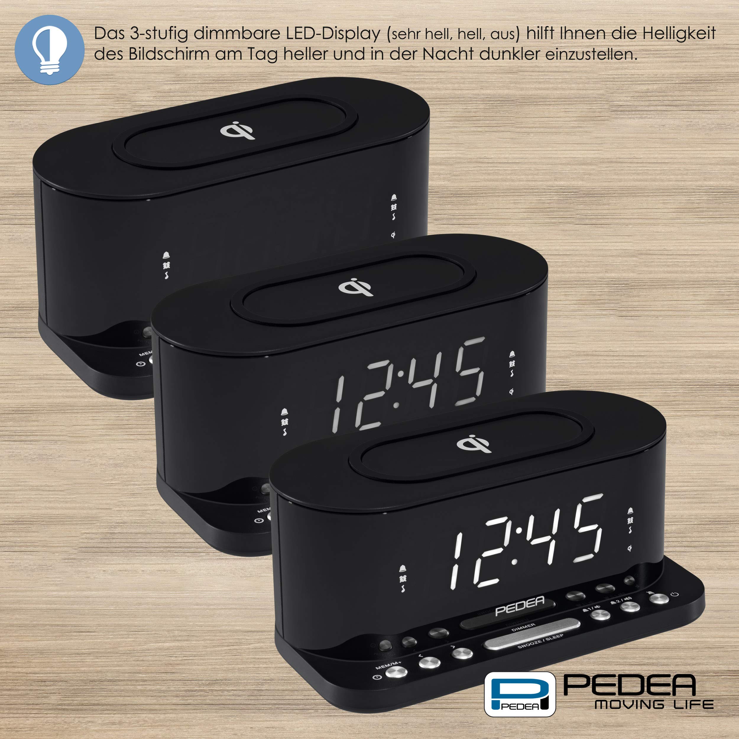 PEDEA FM Radiowecker mit induktiver QI-Ladefunktion und dimmbarem Display, Snooze, Dual Alarm und Sleep-Timer, schwarz