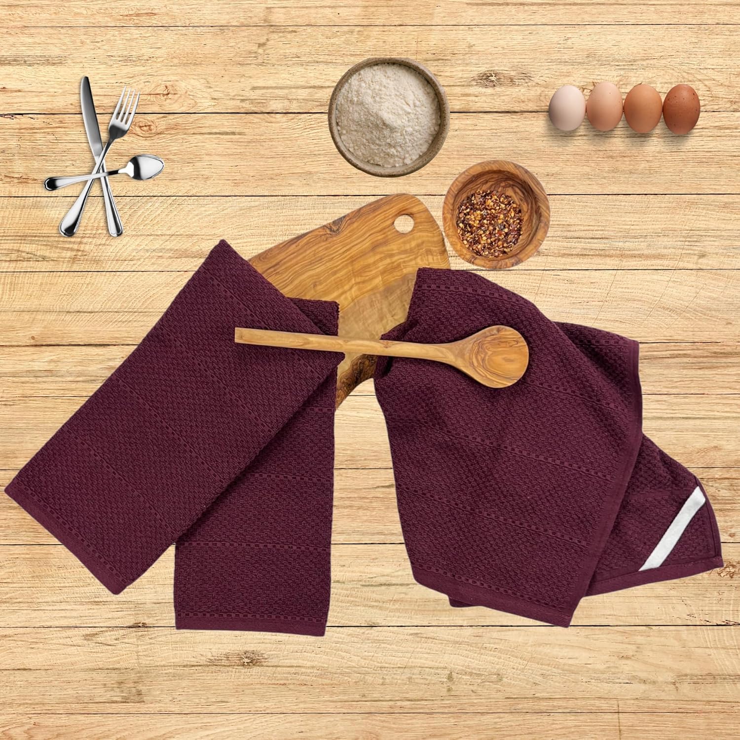 Purple Burgundy Wine Kitchen Hand Dish Towels: Oversized 28" x 18",100% Cotton Cloth Soft Cleaning Drying Absorbent Textured Design, Set of 3 Multipurpose for Everyday Use (Wine) - Image 3