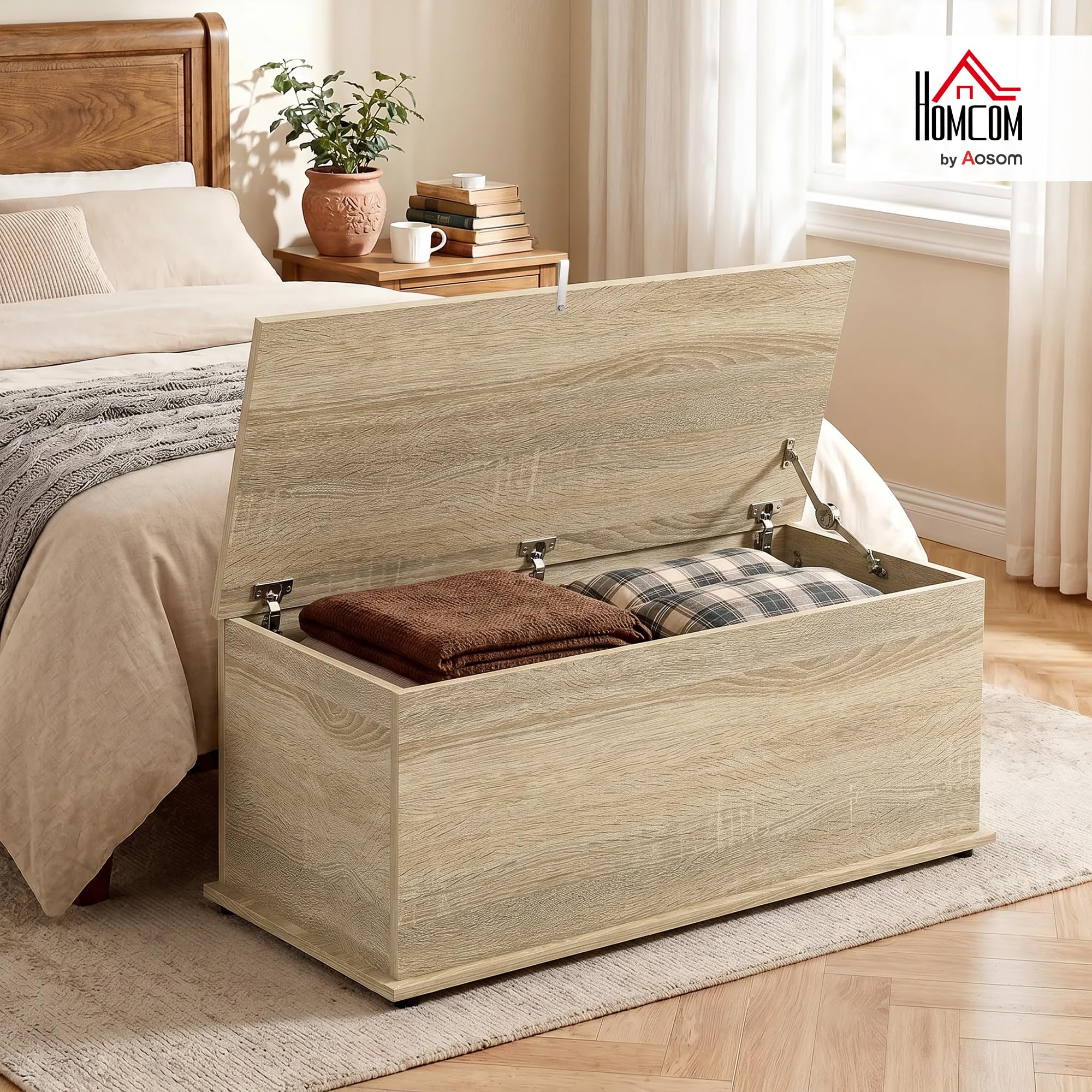HOMCOM Aufbewahrungsbox, Bank mit Klappdeckel und Sicherheitsscharnieren, Schuhbank, Eingangsmöbel, Flur, Schlafzimmer, Wohnzimmer, 100 x 40 x 40 cm, Naturholzoptik
