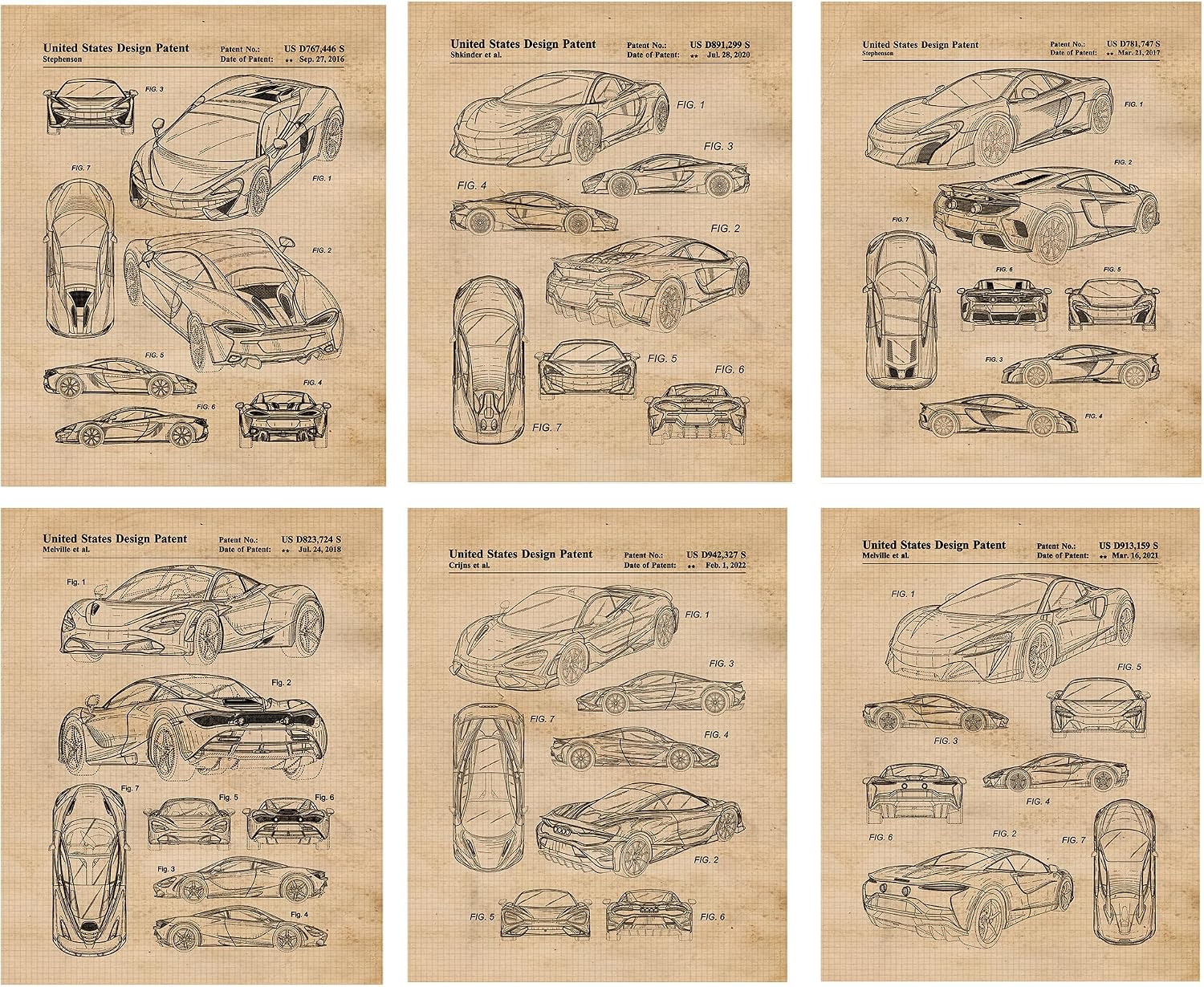 Classic McLaren Automobile Patent Prints, 6 (8x10) Unframed Photos, Wall Art Decor for Home Work Office Machine Car Racing Gear Garage Tech Shop School Student Teacher Coach F1 Motorsport Team