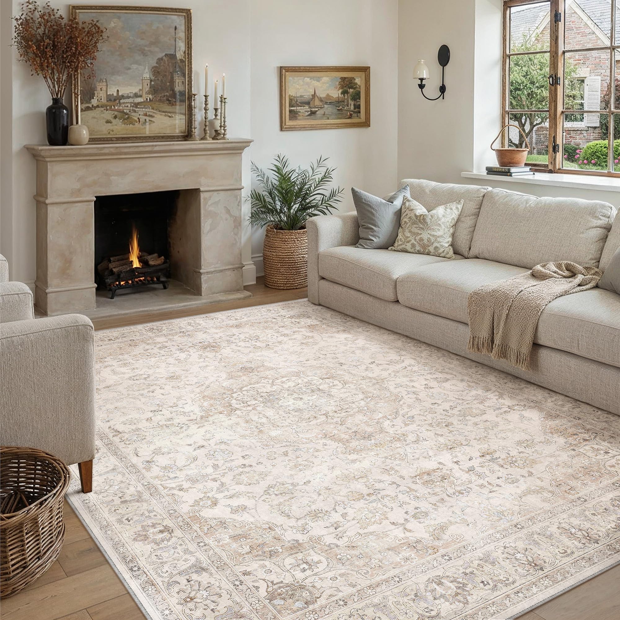 PureCozy Teppich Wohnzimmer 200x300cm Waschbarer Vintage Beige Tepich for Schlafzimmer kurzflor rutschfest Weich Böhmischen Groß Retro Carpet für Küchen Esszimmer Bedroom Büro Living Room