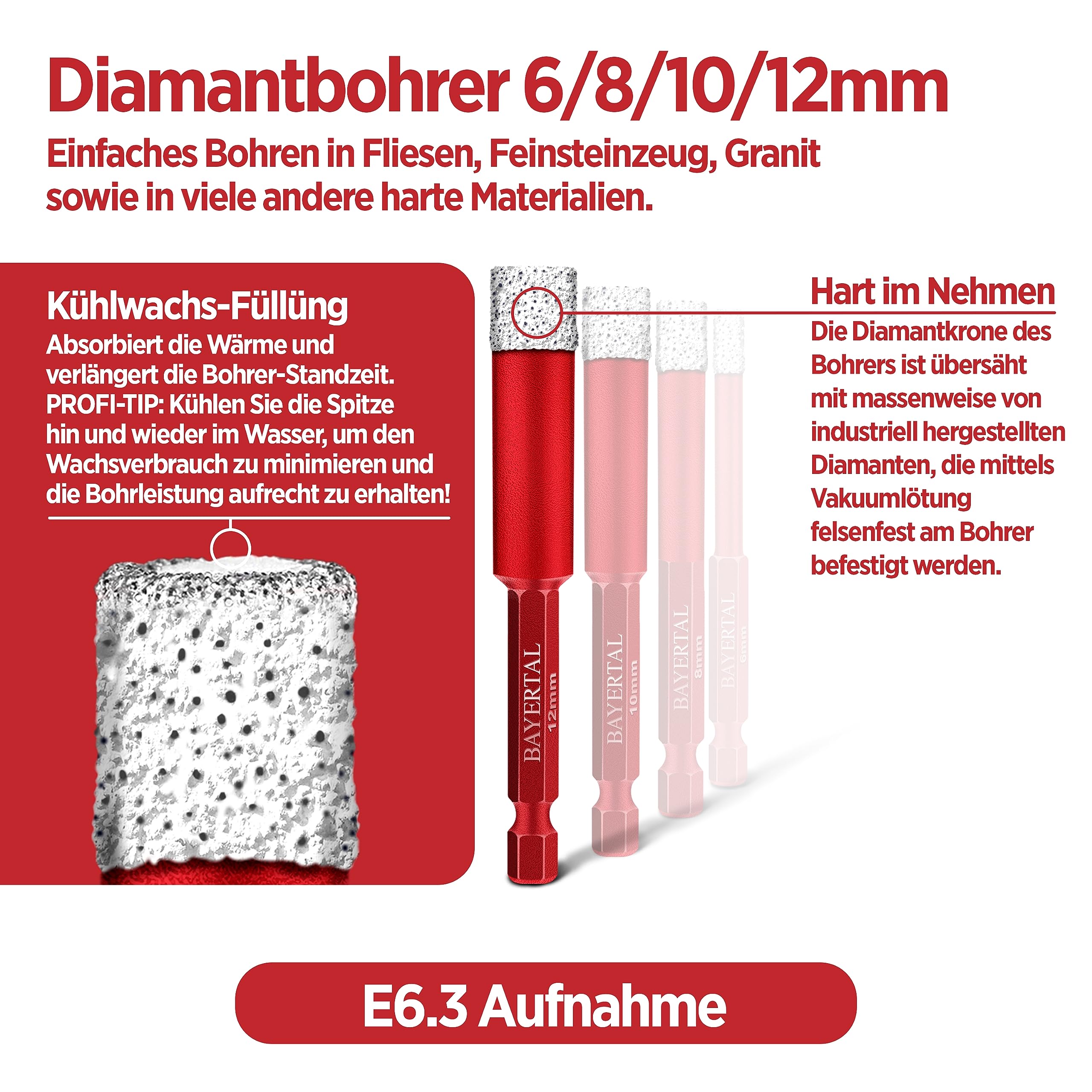 Set 6 Punte Diamantate Per Piastrelle E Vetro - 5,6,8,10,12 Mm + Punta Vetro 6 Mm, Per Porcellana, Gres, Granito - Foto 5