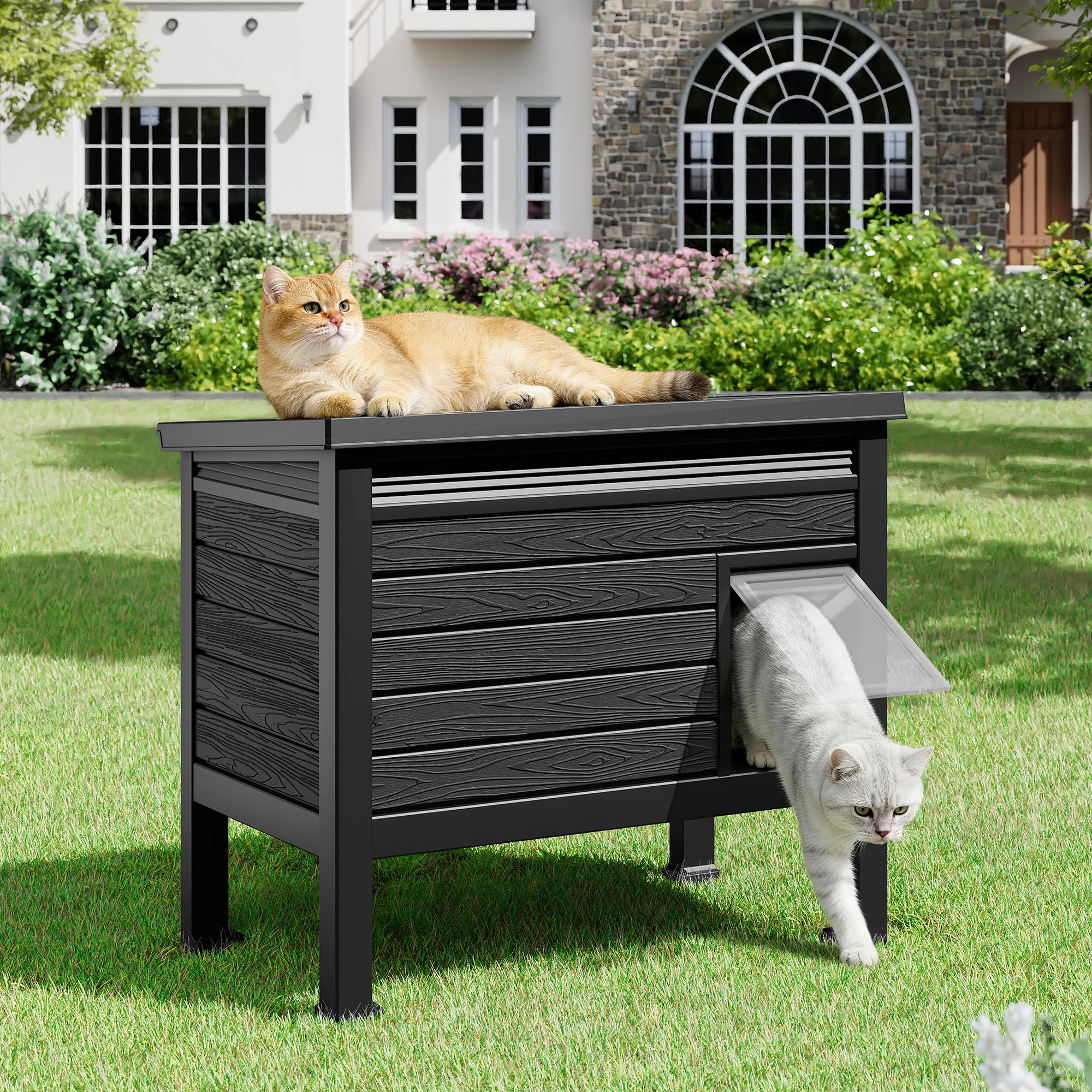 cat houses for outdoor cats, outdoor cat house weatherproof with elevated feet, feral cat house outdoor escape door, black