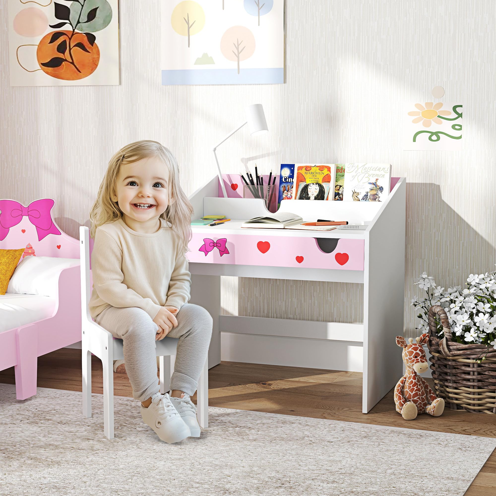 AIYAPLAY Set di scrivania e sedia per bambini +3 anni Scrivania per bambini con cassetto estraibile e scomparto per la camera da letto e la sala studio Rosa e bianco