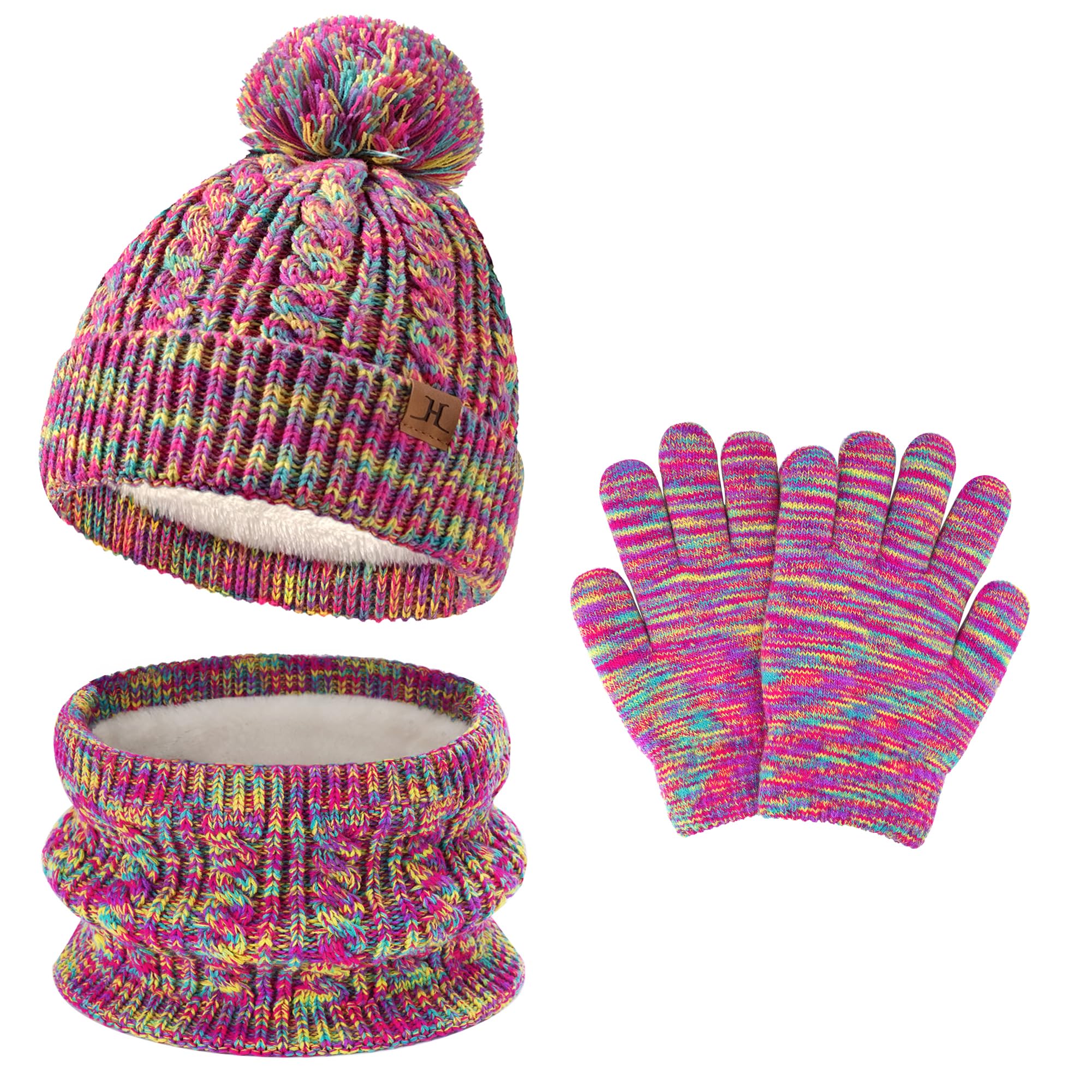 Bequemer Laden Bebe Niños invierno Gorro Termicos Pompon Bufanda Guantes Conjunto Manoplas con Forro Polar para 0-8 Años Regalo para Niñas Niños