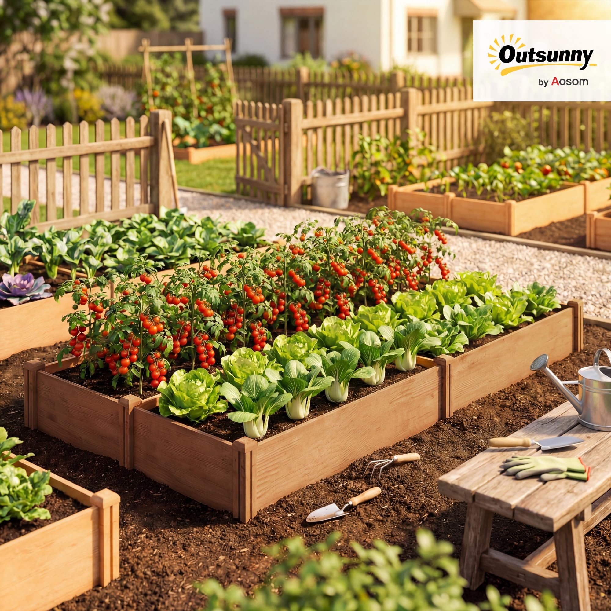 Outsunny Carré Potager en Bois 234x109x25 cm Lit de Jardin Surélevé 4 Zones de Culture Jardinière Extérieure à Fond Ouvert Montage sans Outil pour Légumes et Fleurs Marron Clair