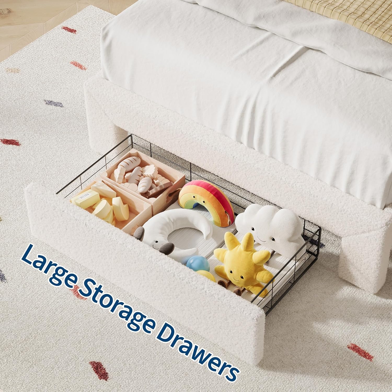 IDEALHOUSE Twin Bed Frame with LED Headboard and Under-Bed Drawer, Metal Upholstered Platform Bed with LED Light for Kids, Girls, Lamb Fleece Fabric, Wooden Slats Support, No Box Spring Needed, White