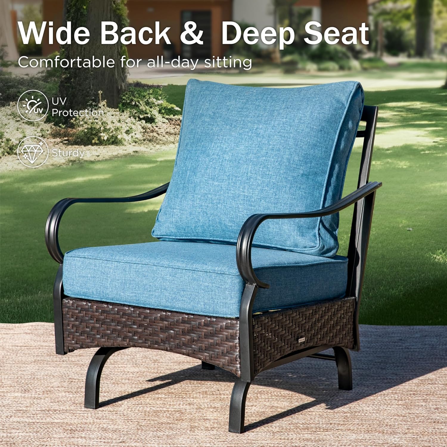 PHI VILLA Patio Rocking Chairs Set of 2, Outdoor Wicker Chairs with Thick Cushion, All Weather High Back Outdoor Furniture for Balcony Porch and Yard