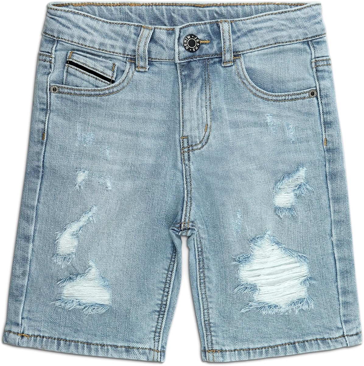 KIDSCOOL SPACE Boys Slim Fit Mid-Thigh Denim Shorts, Ripped Soft Elastic Band Inside Half Jean Pants
