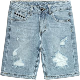 KIDSCOOL SPACE Boys Slim Fit Mid-Thigh Denim Shorts, Ripped Soft Elastic Band Inside Half Jean Pants